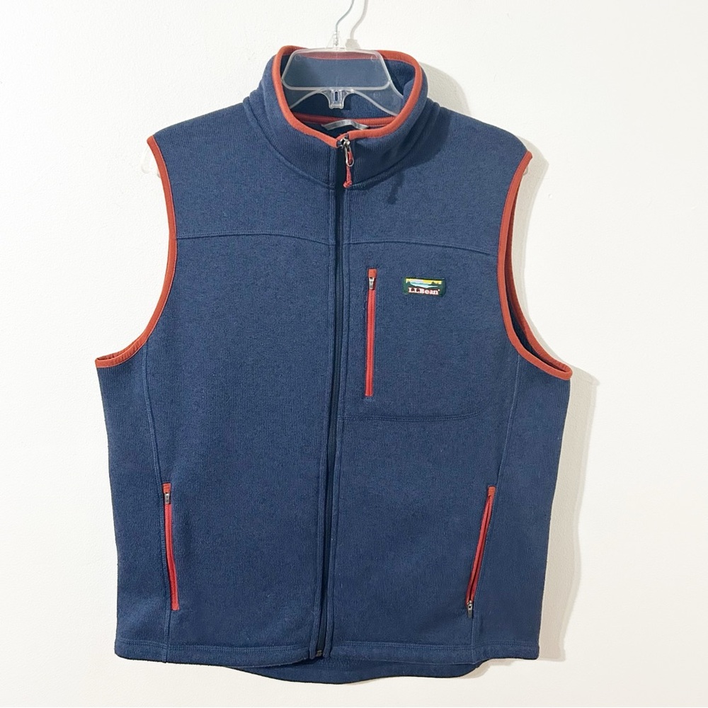 LL Bean Full Front Zip Fleece Vest Navy / Rust Trimmed Slightly Fitted Pockets